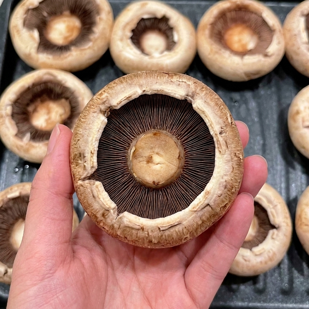 A hand using a piping bag to fill hollowed mushroom caps with a smooth, raw pink shrimp paste.