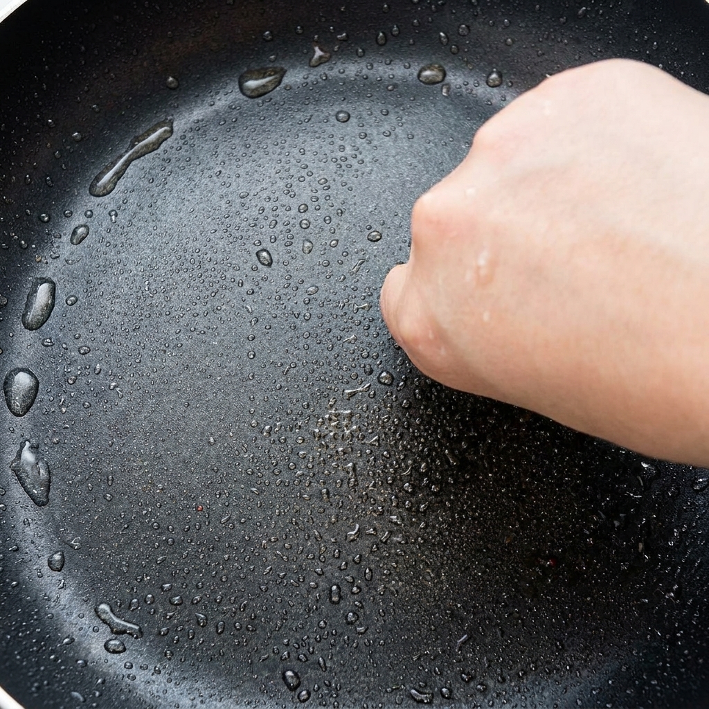 Stuffed mushrooms in a pan cooking shrimp-side down, developing a golden-brown crust.