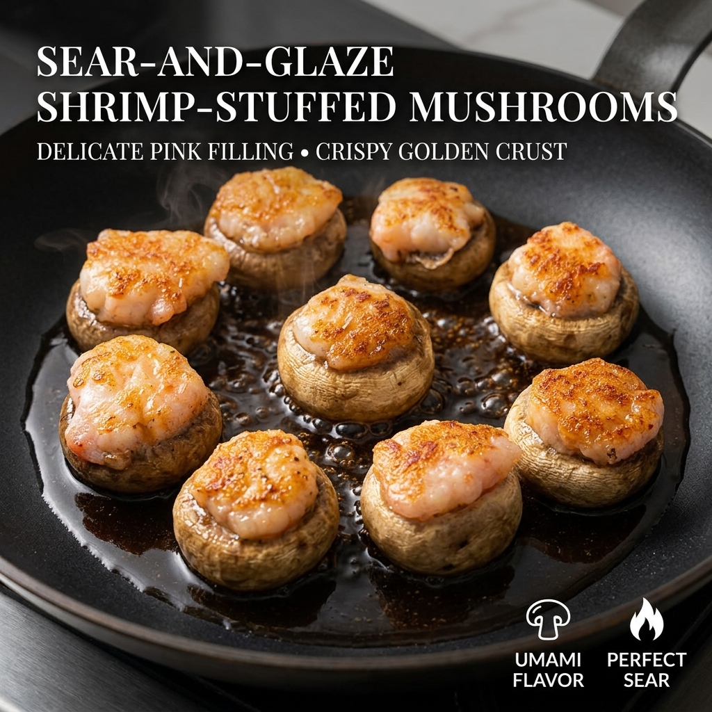 A pan containing browned shrimp-stuffed mushrooms with a savory sauce being poured over them.