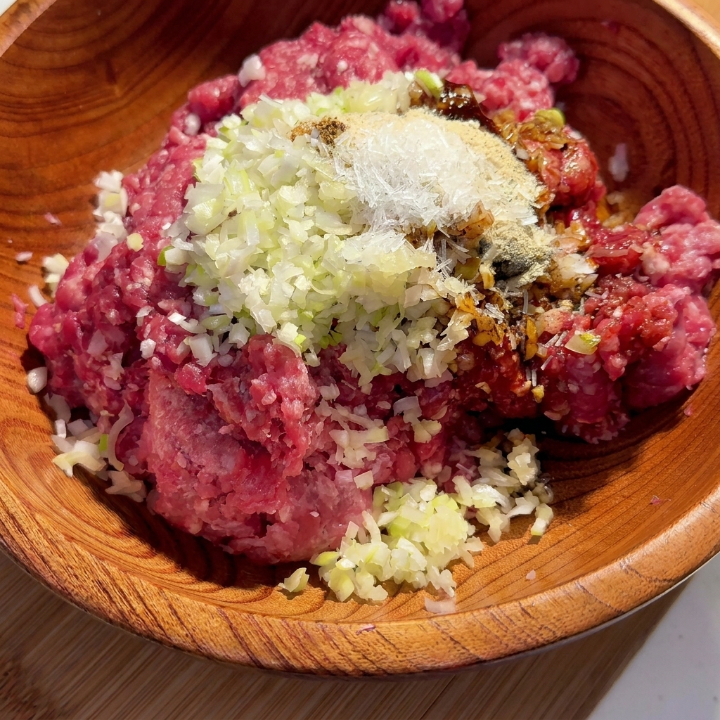 Ground beef in a wooden bowl being mixed with various seasonings and aromatics.