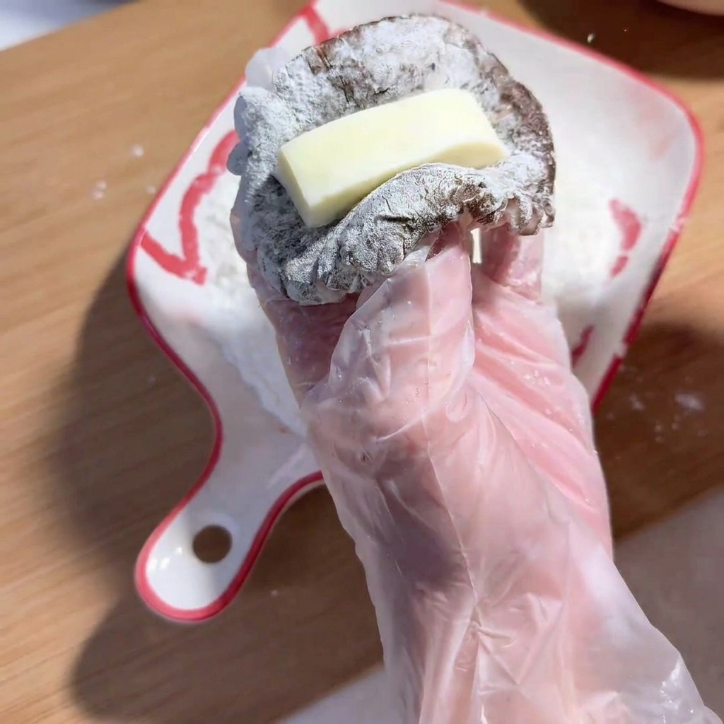 A hand wearing a plastic glove placing a rectangular piece of cheese onto a seasoned beef-stuffed shiitake mushroom.