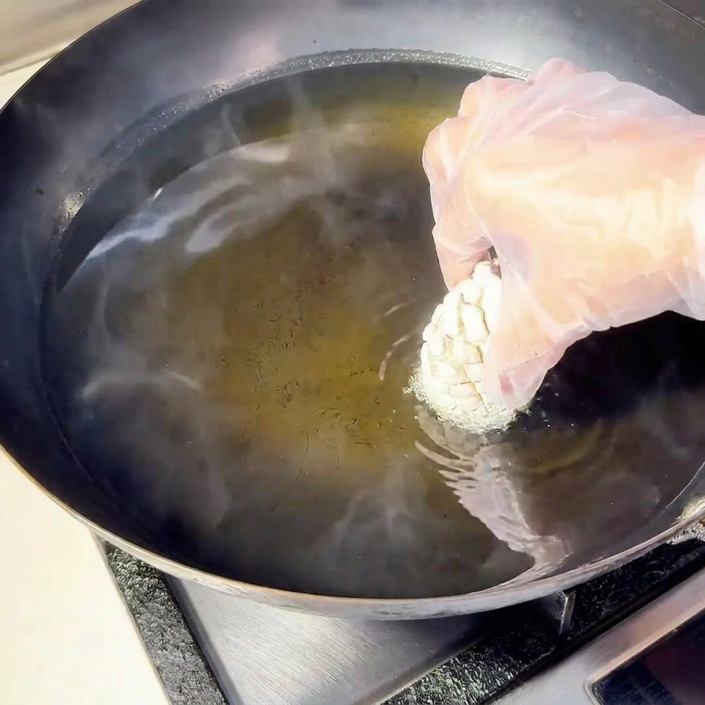 A hand wearing a plastic glove dropping a coated mushroom into a wok filled with hot, bubbling oil.