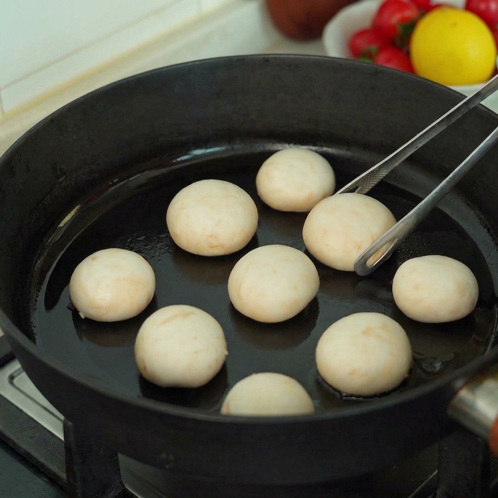 Whole mushroom caps being pan-fried in a black skillet and turned with metal tongs.