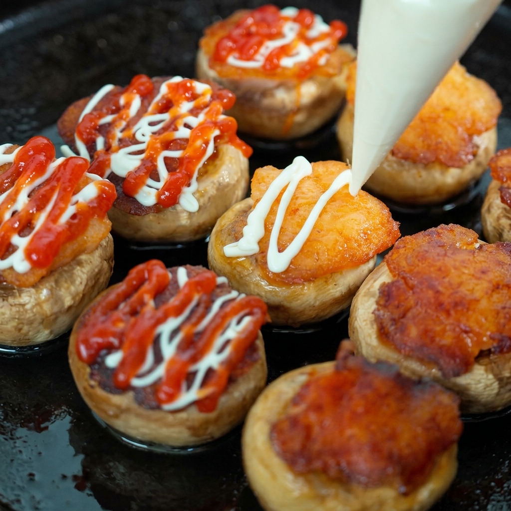 Drizzling mayonnaise and ketchup over pan-fried shrimp-stuffed mushrooms.