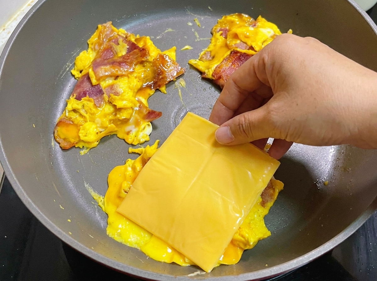 A square slice of yellow cheese being carefully placed onto a fully cooked bacon and egg omelet inside a frying pan.