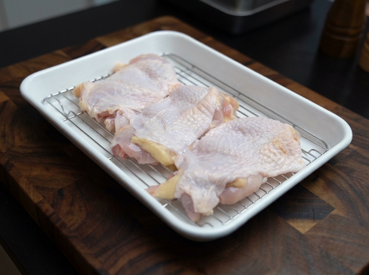 Chicken thighs with bones removed, laid out flat on a metal tray.