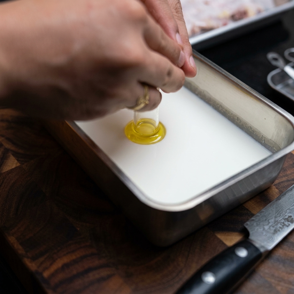 A metal container holding a mixture of milk, eggs, and seasonings being whisked together.