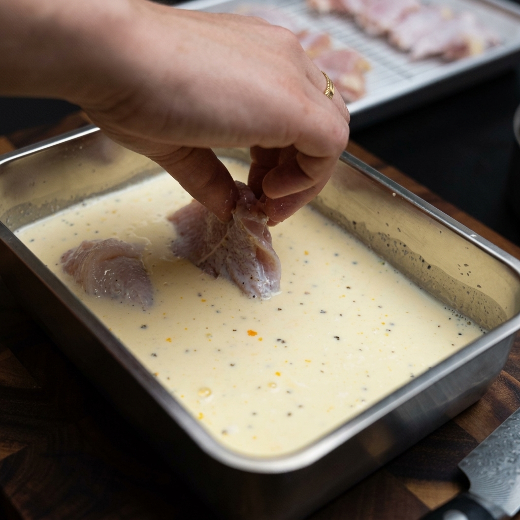 Chicken thigh pieces soaking in the milk and egg marinade inside a metal container.