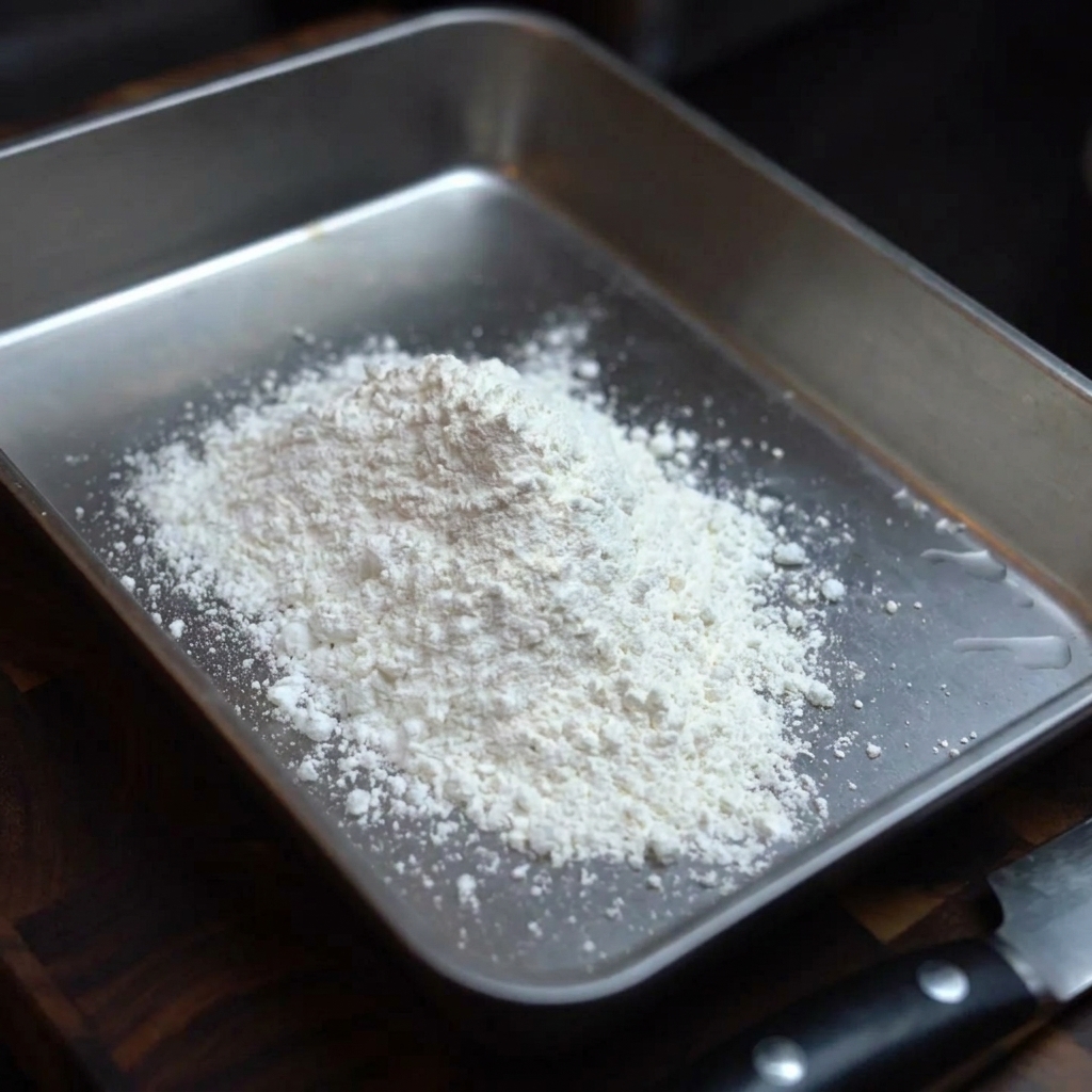 A tray containing a mixture of flour, breadcrumbs, Parmesan, and spices, blended together.