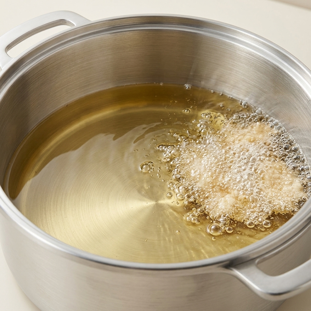 Chicken pieces frying in a pot of hot oil, showing bubbling and browning.