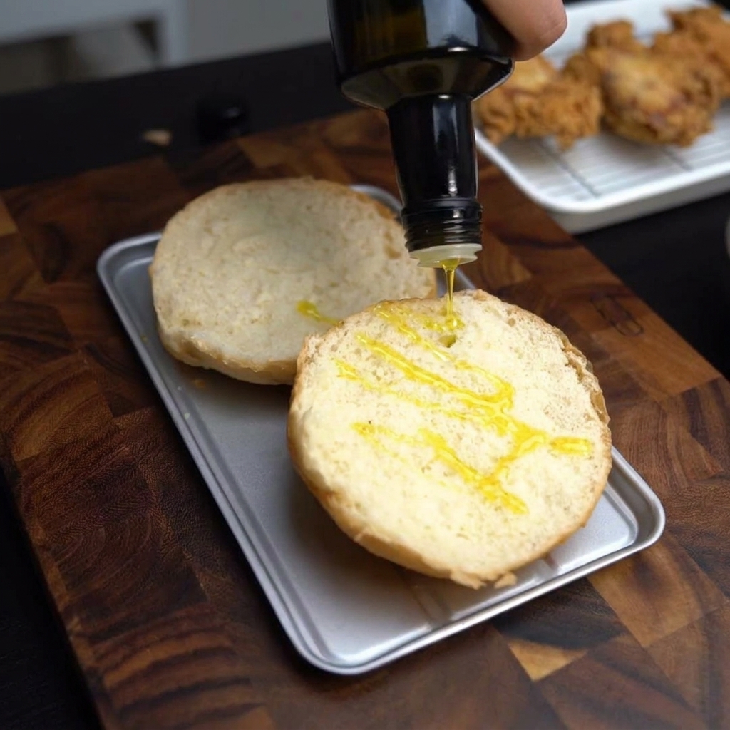Hamburger bun halves on a metal tray being drizzled with extra virgin olive oil.