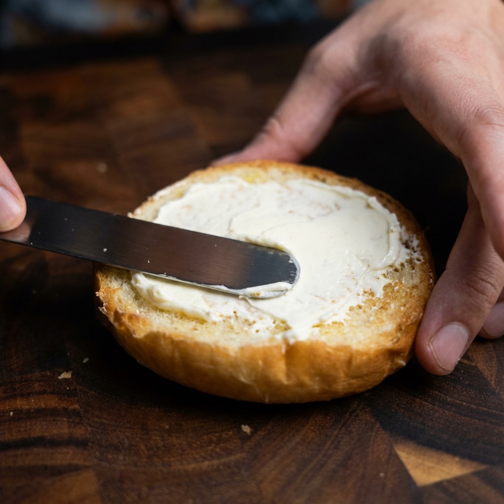 A knife spreading a thick layer of creamy egg yolk sauce onto the toasted surface of a hamburger bun.