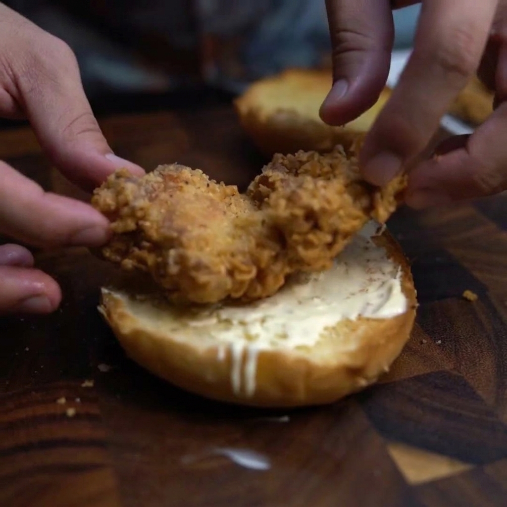 Crispy fried chicken being placed onto a bun base, with a slice of yellow cheese layered on top.