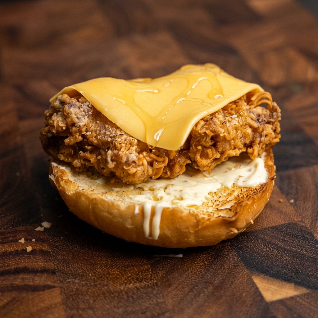 A close-up of a cheese slice melting over crispy fried chicken under the heat of a kitchen blow-torch.