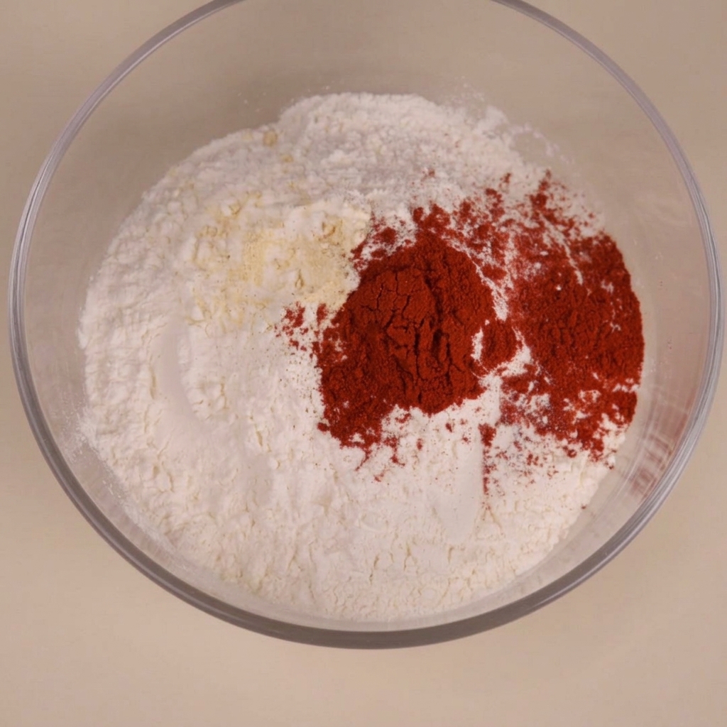 Flour mixed with spices in a glass bowl, ready for dredging the chicken.
