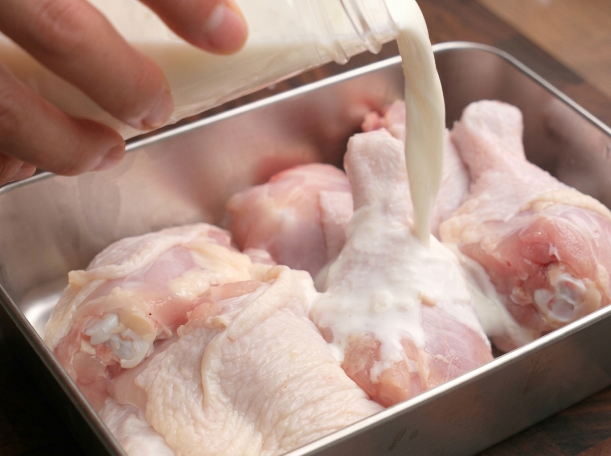 Pouring the thickened milk and lemon mixture from a jar over raw chicken drumsticks in a metal tray.