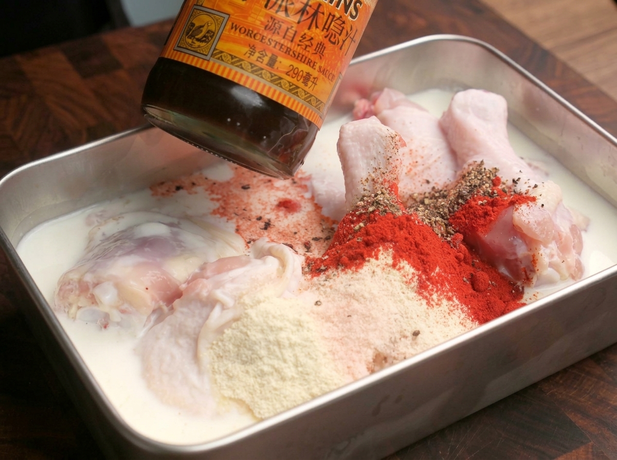 Pouring drops of dark Worcestershire sauce from a bottle over raw chicken drumsticks soaking in a red-spiced milk marinade.