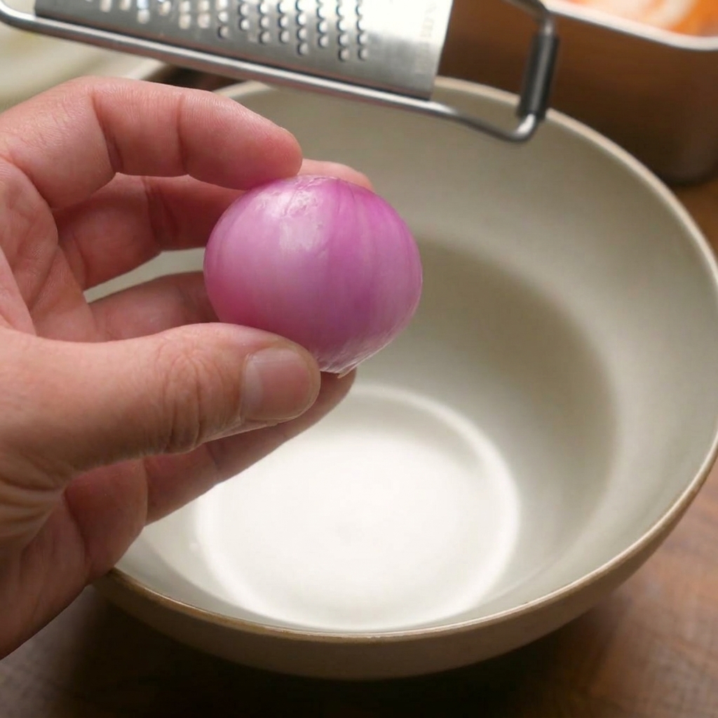 A hand holding a small red onion above a metal hand grater over a ceramic mixing bowl.
