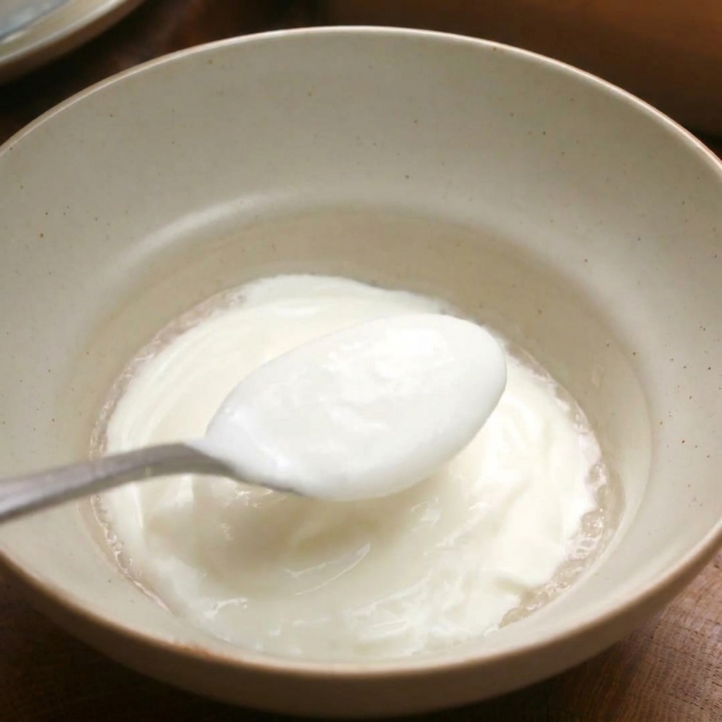 A silver spoon scooping thick white unsweetened yogurt into a light-colored ceramic bowl.