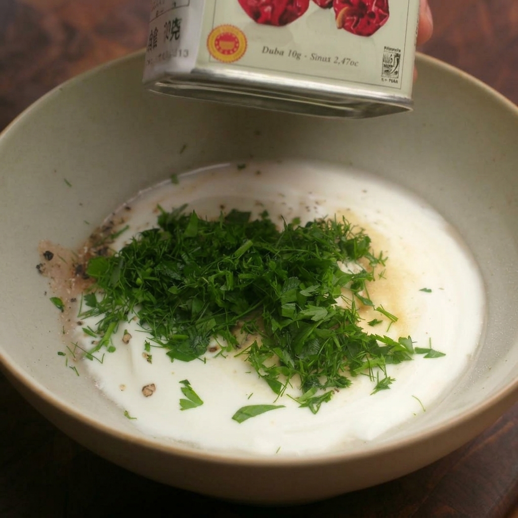 Sprinkling smoked paprika from a tin over chopped fresh parsley and dill sitting on a creamy yogurt base in a bowl.