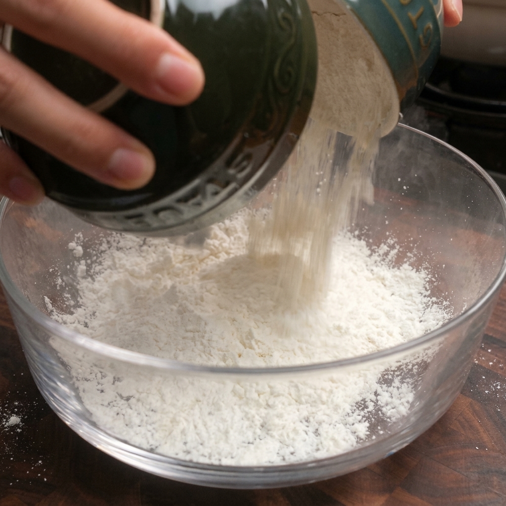 A close-up view of flour, cornstarch, and baking soda being mixed in a clear glass bowl.