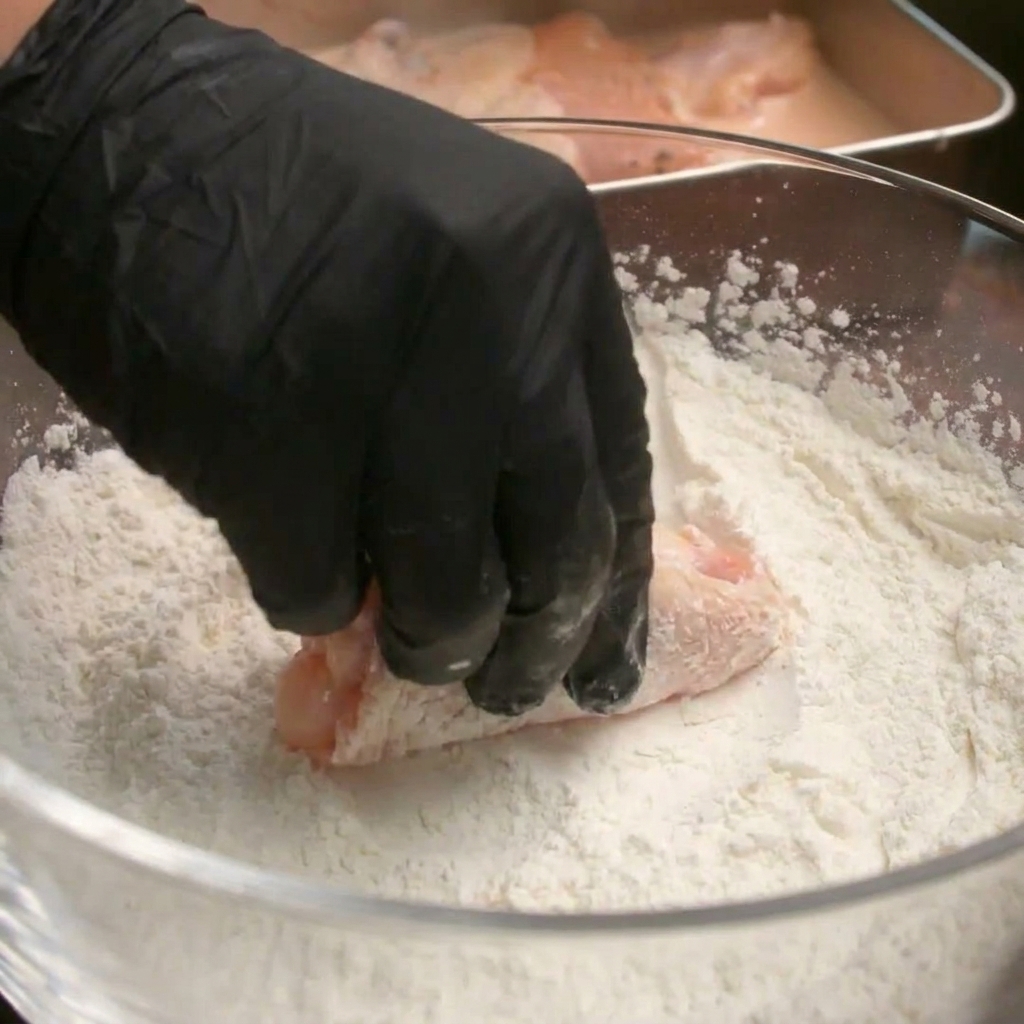 A gloved hand dredging a piece of raw chicken in a bowl filled with flour mixture.