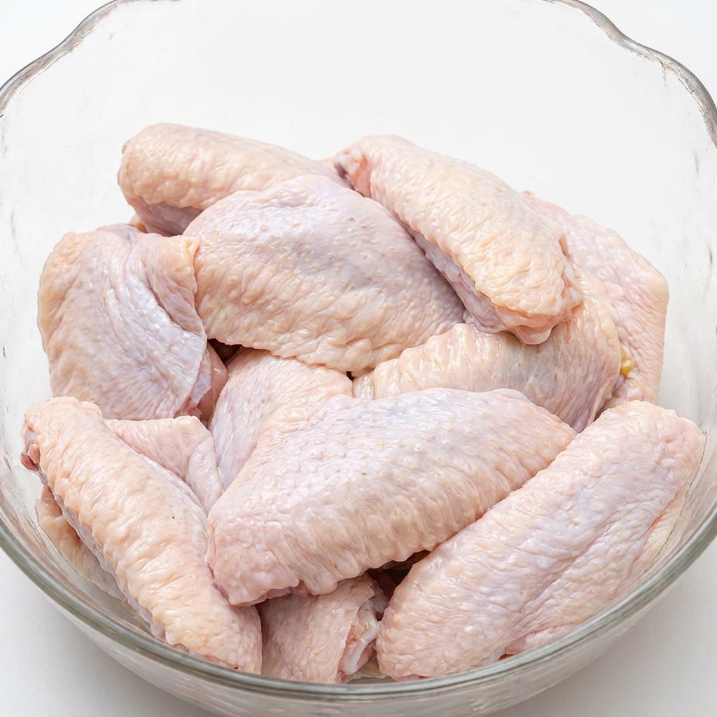 A close-up of seasoned chicken wings with visible ginger slices in a glass bowl.