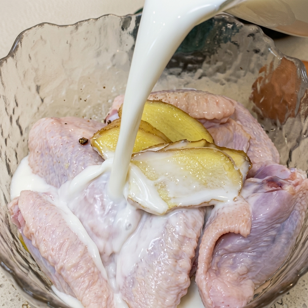 Milk being poured from a jug into a glass bowl containing seasoned chicken wings.
