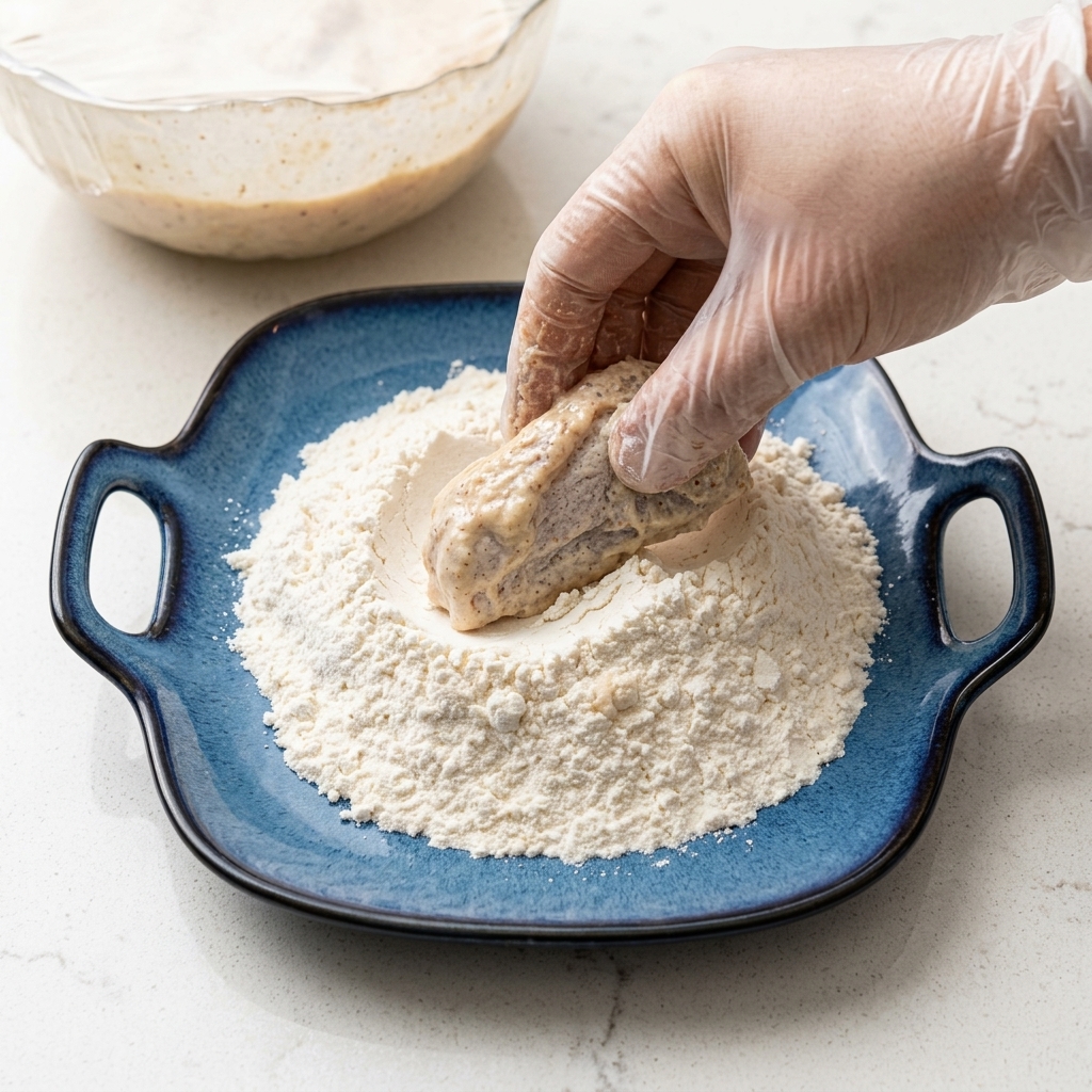 A hand coating a chicken wing in dry flour on a blue plate.