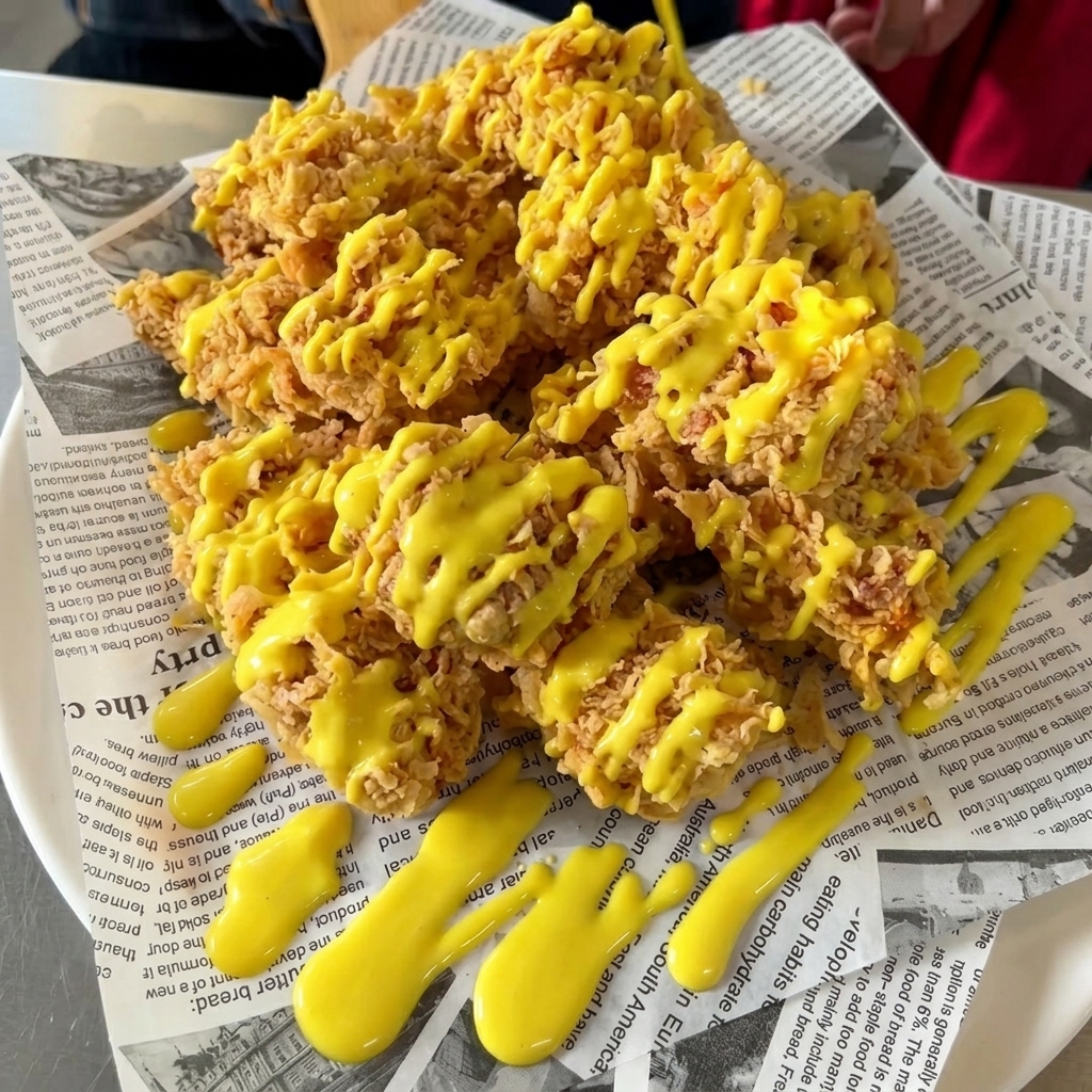 A close-up view of 40g of yellow mustard being measured in a glass bowl on a digital scale.