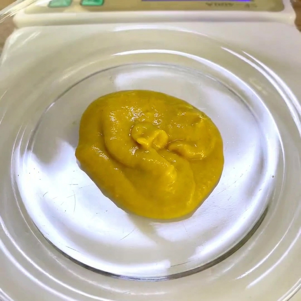 A spoonful of thick original yogurt being added to the mustard sauce in the bowl.