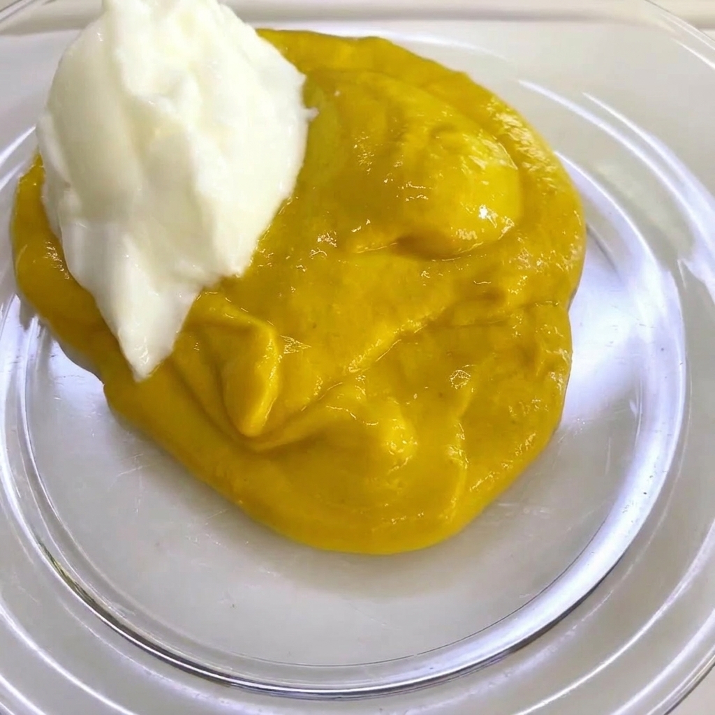 Creamy salad dressing being poured into the bowl with the mustard and yogurt mixture.