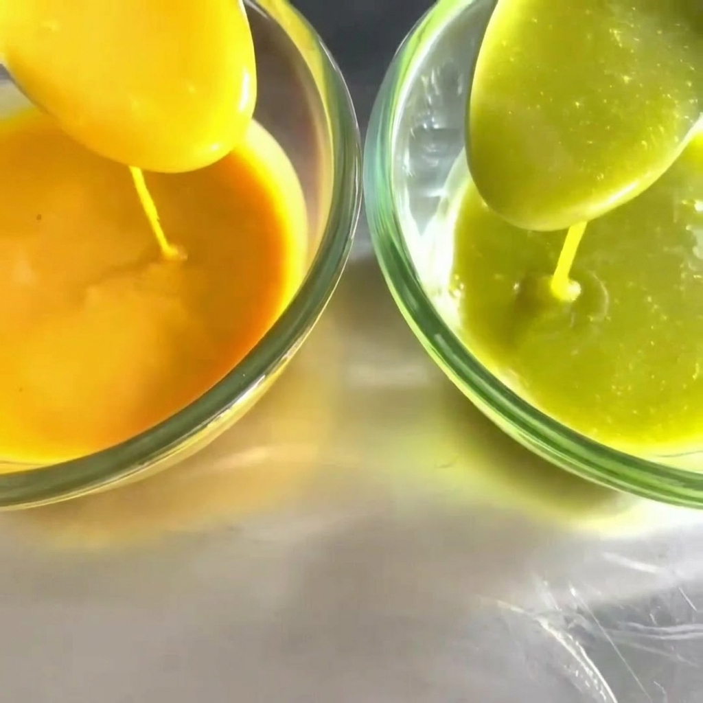 A close-up of golden honey being poured into a small glass bowl.