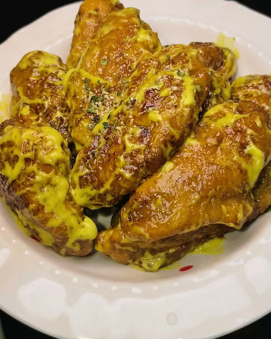 Adding tempura flour to rinsed chicken wings in a stainless steel bowl.