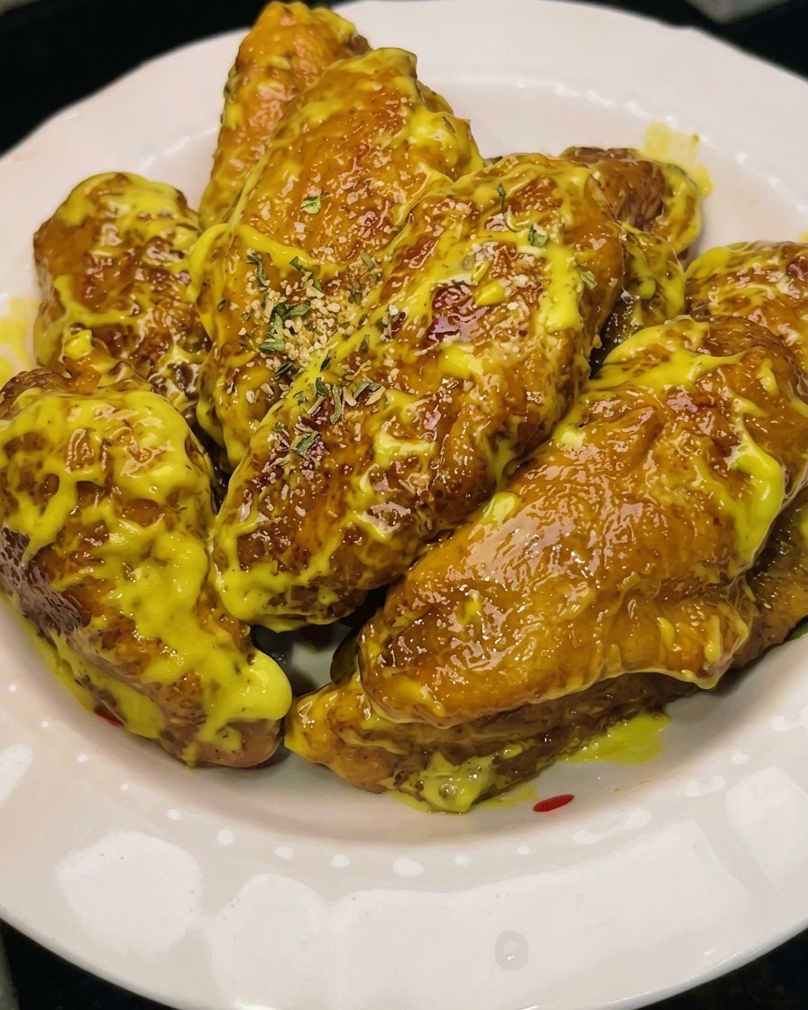 Chicken wings thoroughly coated in a thick, smooth batter.
