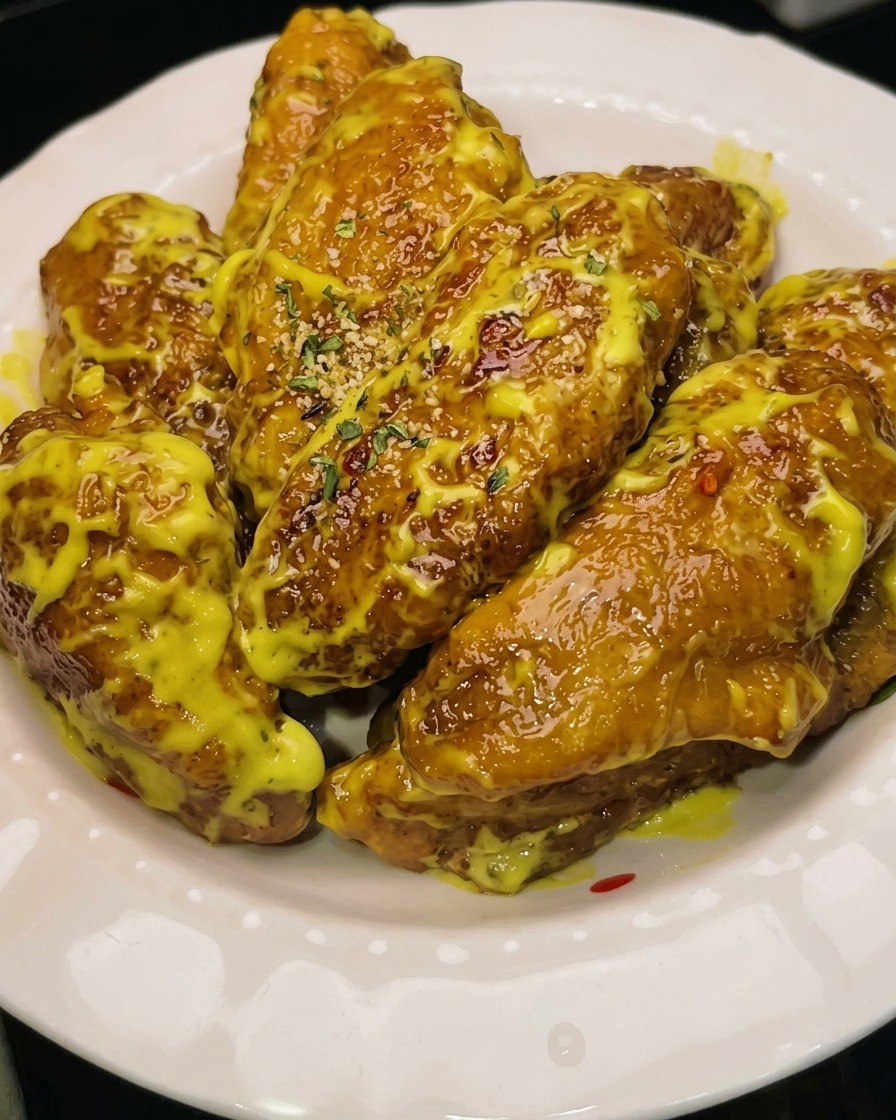 Chicken wings coated in batter frying in a pan of hot, bubbling oil.