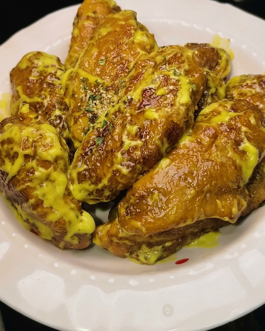 Golden-brown chicken wings being lifted out of hot oil with a strainer.