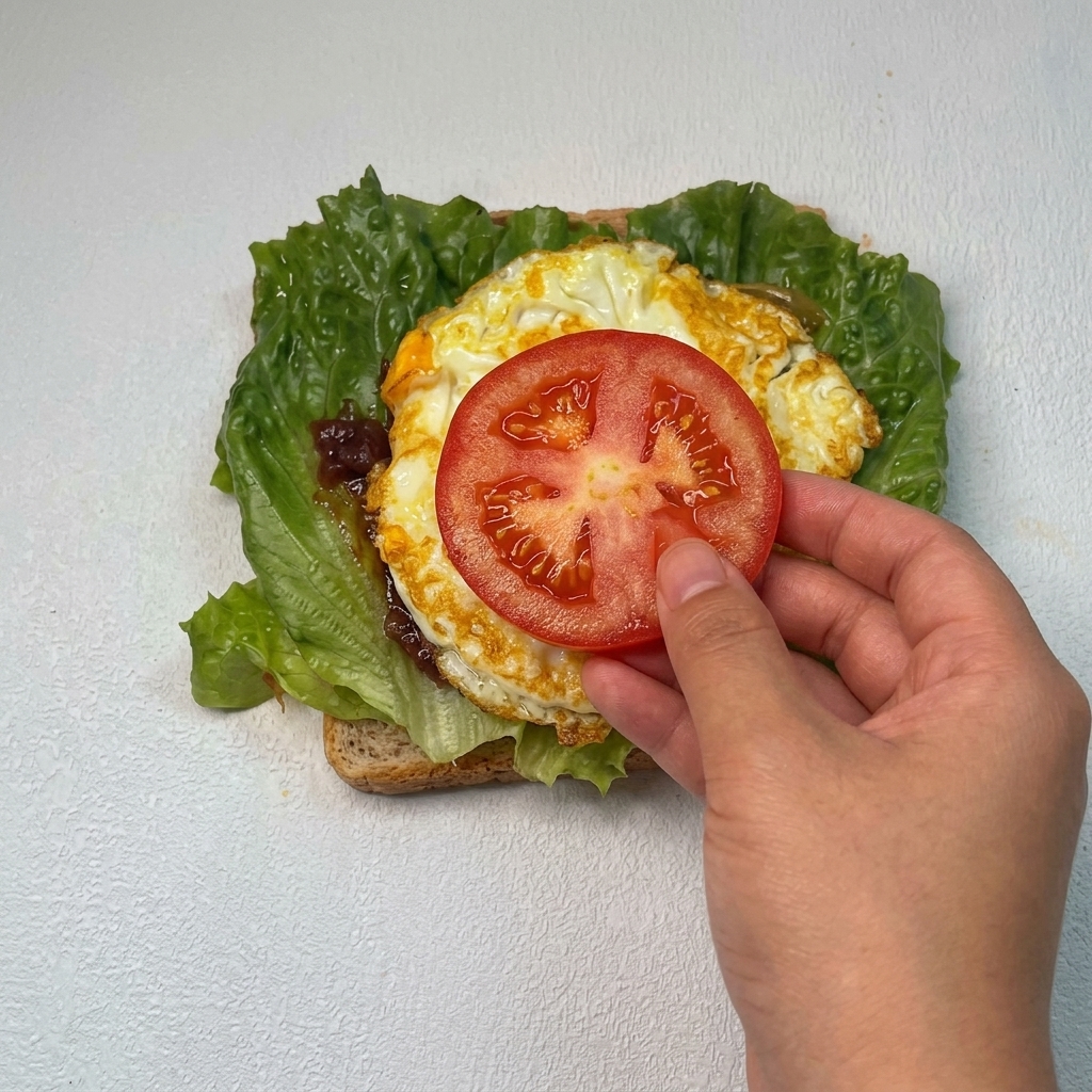 A round, fresh slice of red tomato being placed on top of a fried egg inside a sandwich stack.