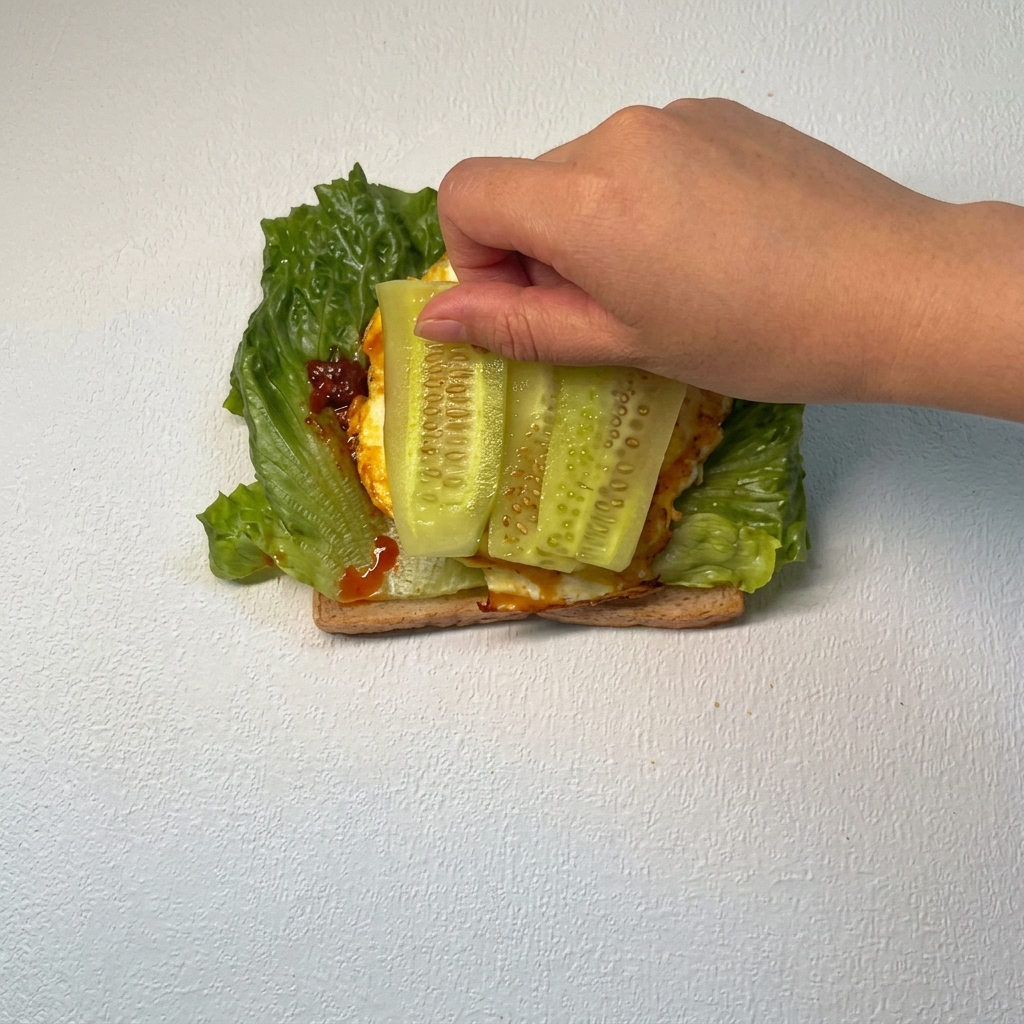 Three slices of fresh green cucumber being carefully arranged on top of a tomato slice within the sandwich.