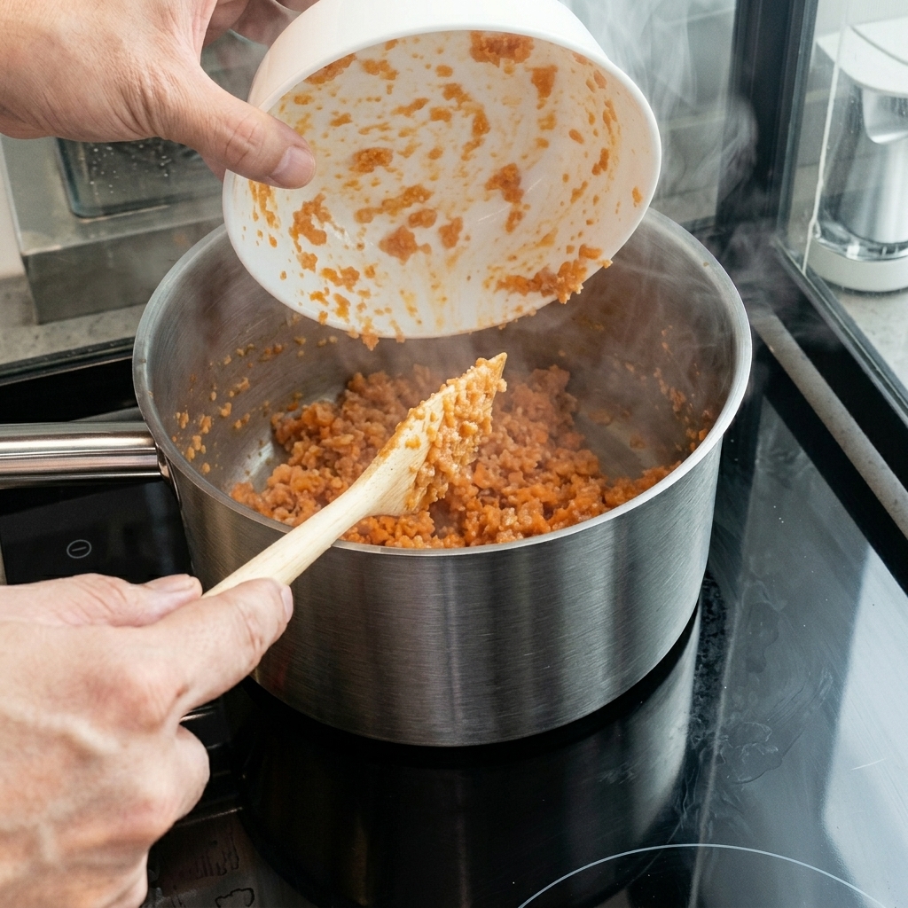 Minced carrots being added to the pot with cooked onions using a spatula.