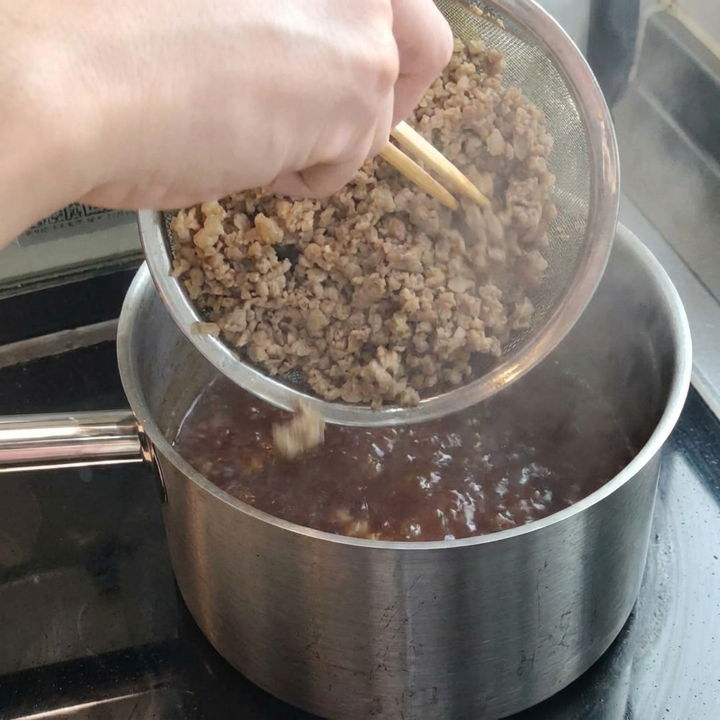 Cooked minced pork being added from a strainer into the bubbling sauce mixture in the pot.