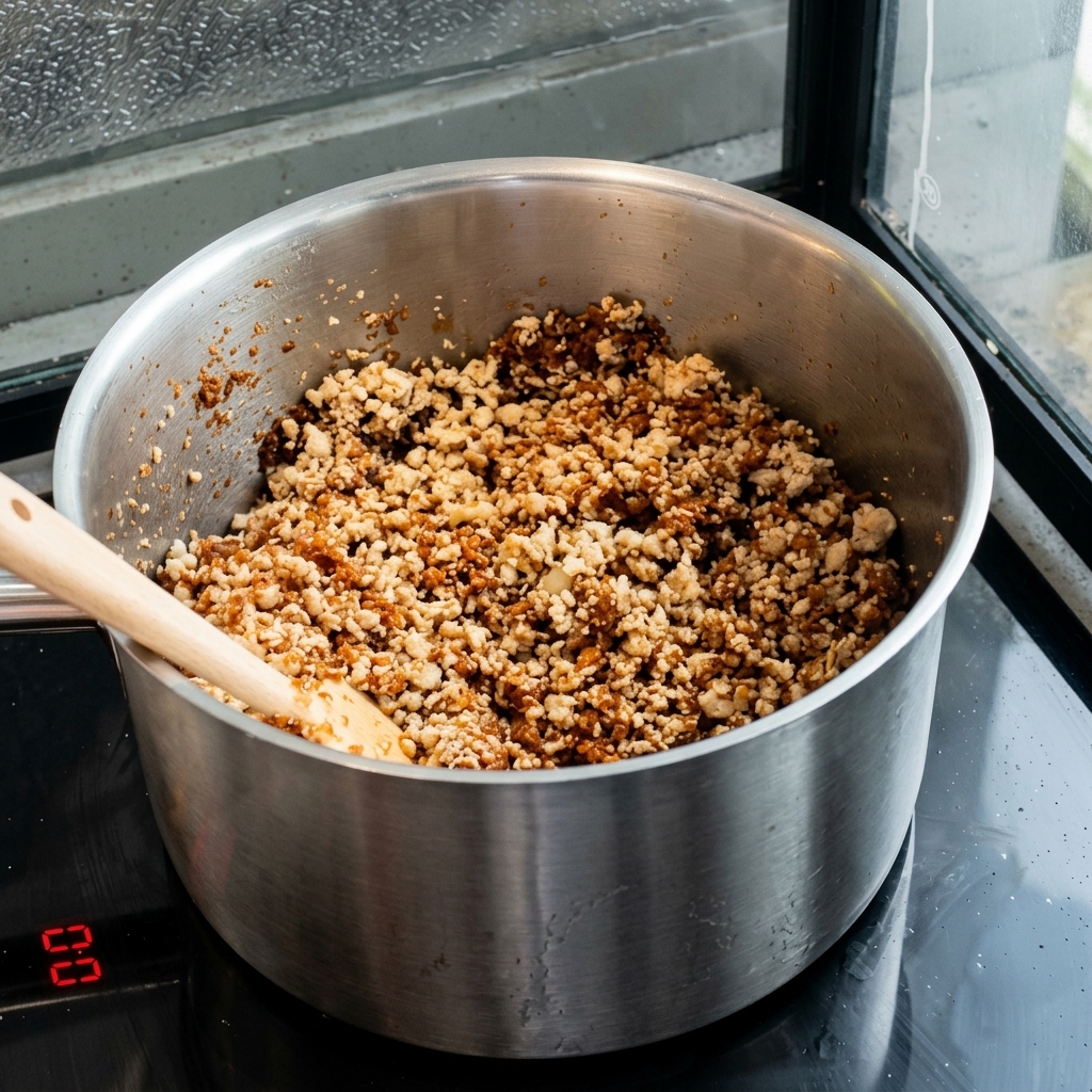 A pot of meat sauce simmering with added water, showing a rich, thick consistency.
