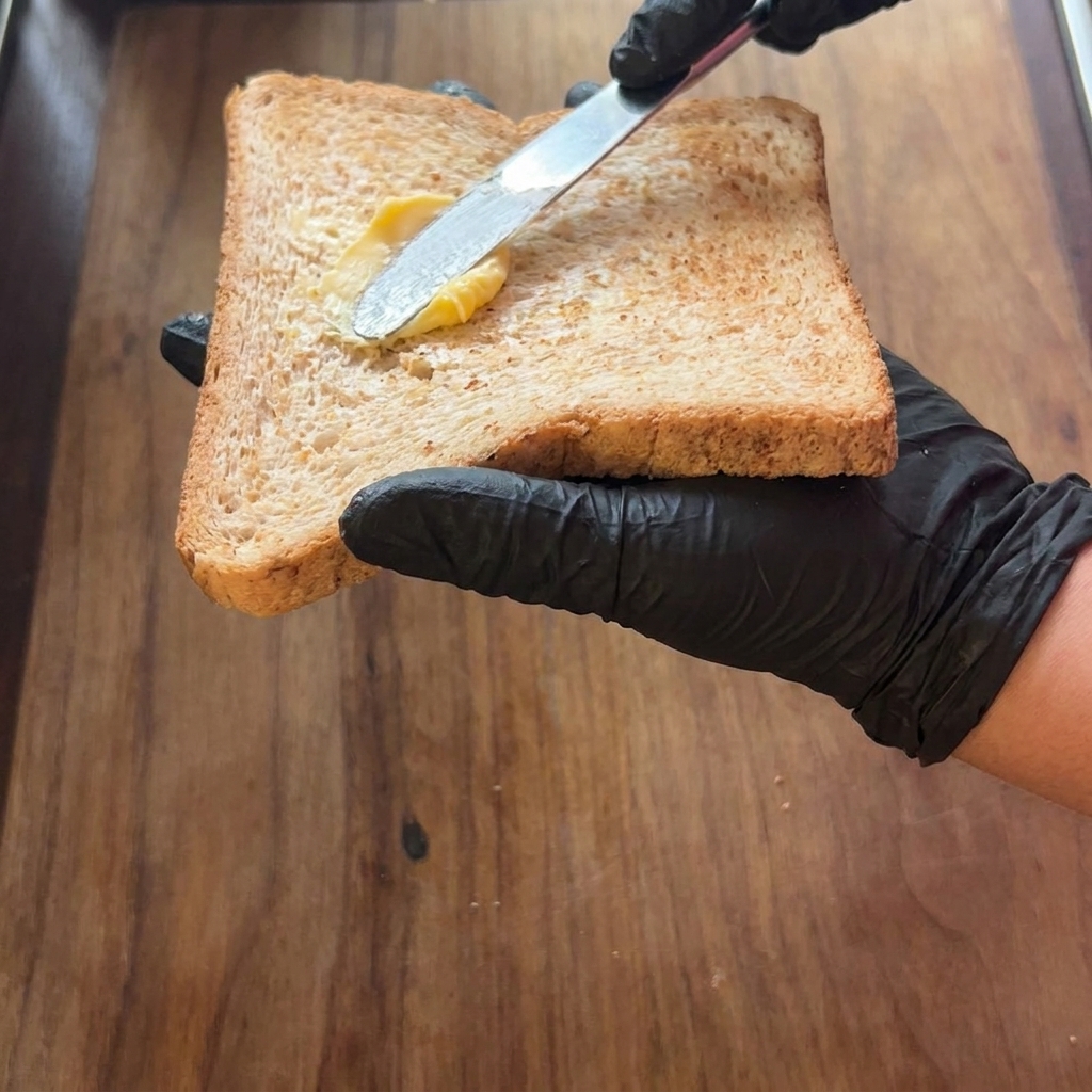 Two slices of bread being spread with butter using a metal knife.