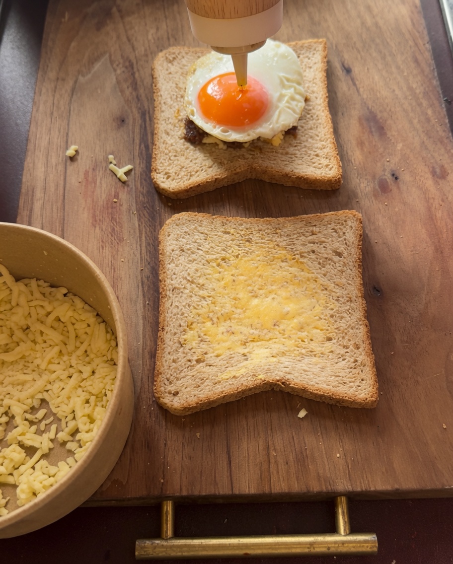 Mustard sauce being drizzled over the fried egg on the sandwich assembly.