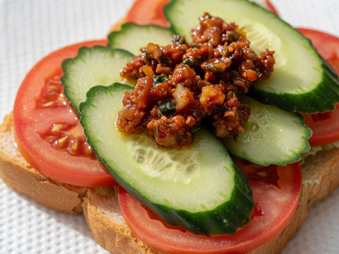 A spoonful of rich, seasoned ground meat sauce being spread over layered vegetables on toast.