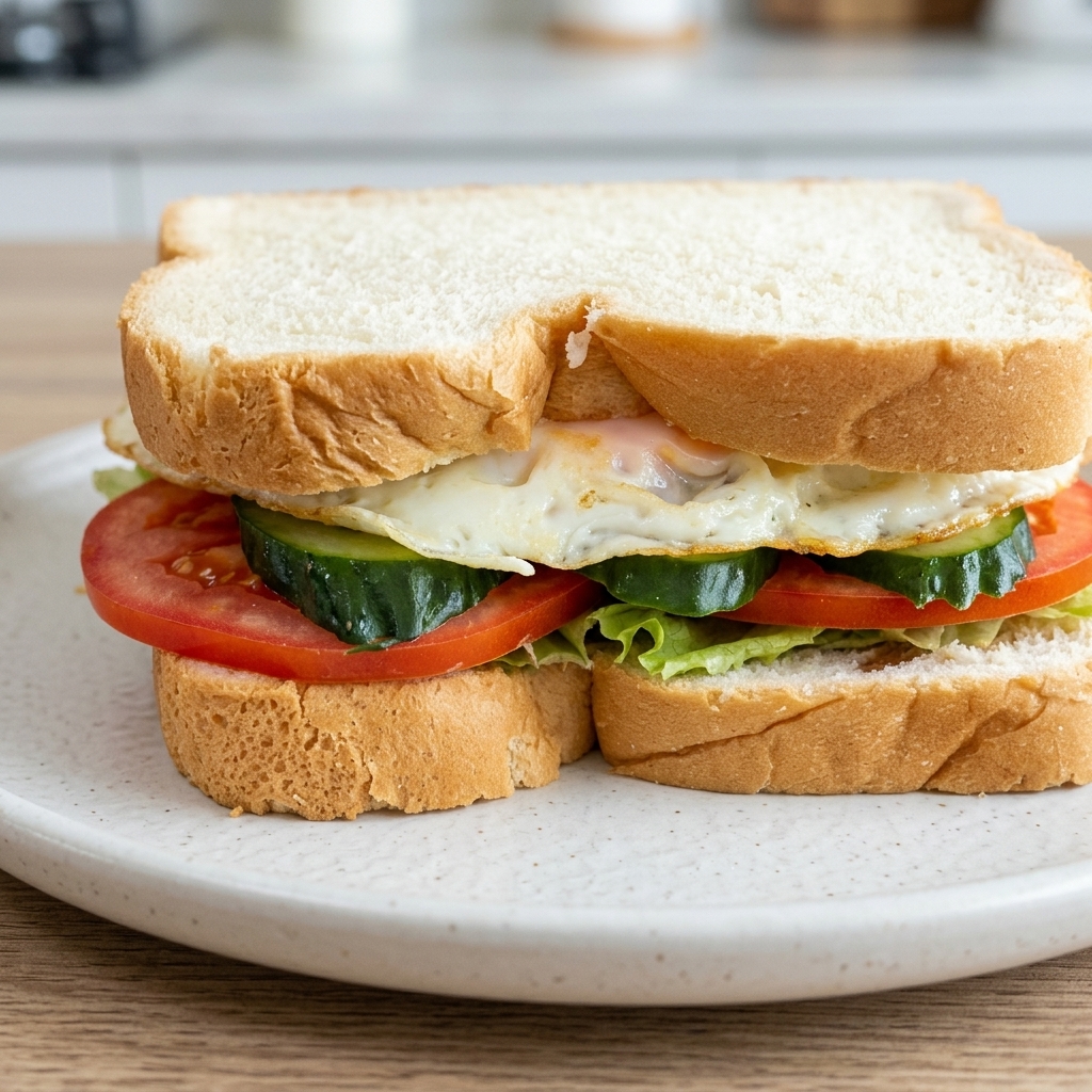 The top slice of bread being placed on the sandwich to complete the assembly.