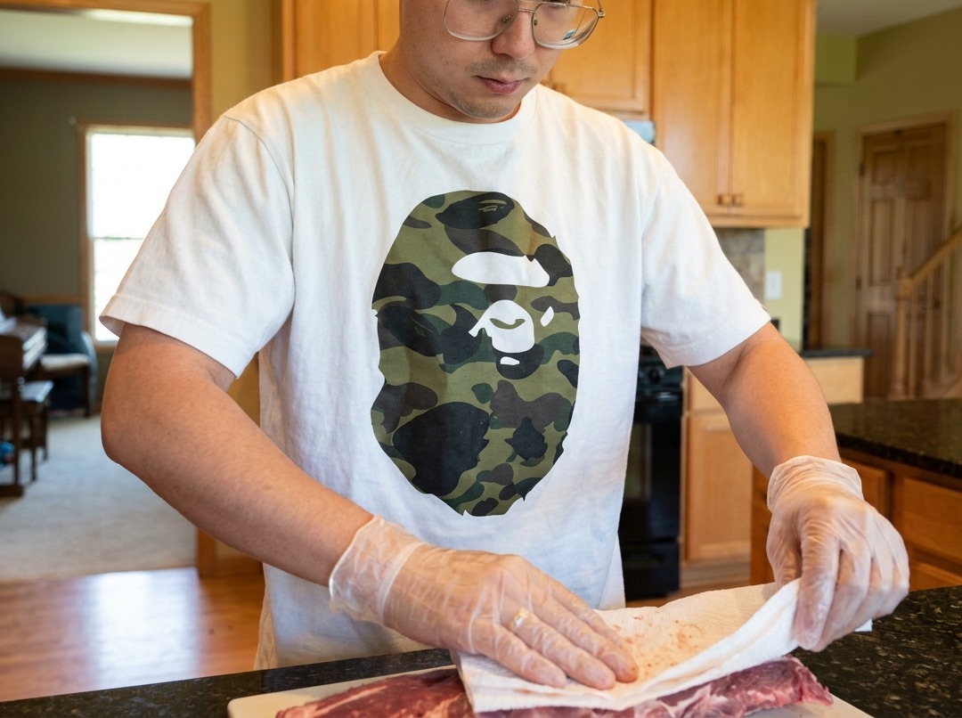A brush applying a yellow, seasoned sauce mixture across the surface of raw pork ribs.
