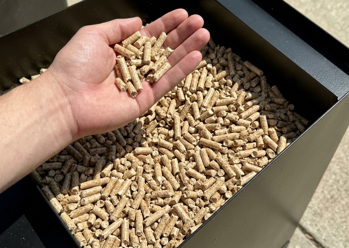 A hand holding a handful of wood pellets over the hopper of a pellet grill.