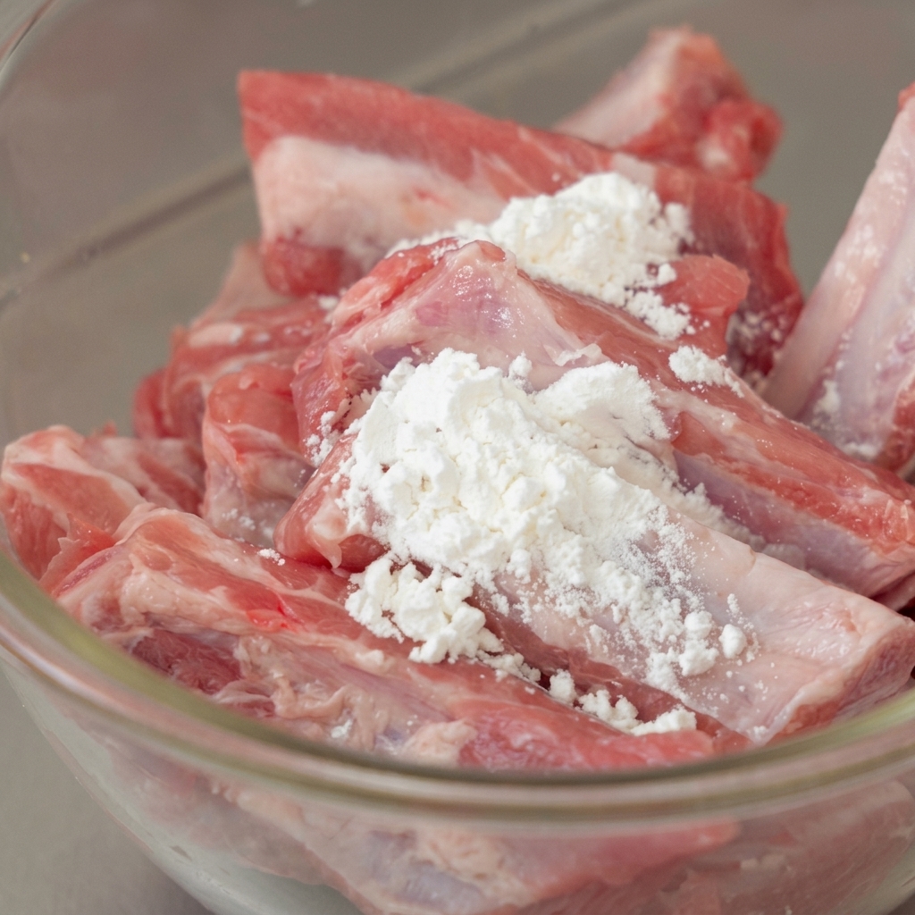 Pork ribs being cleaned with cornstarch and water in a glass bowl.