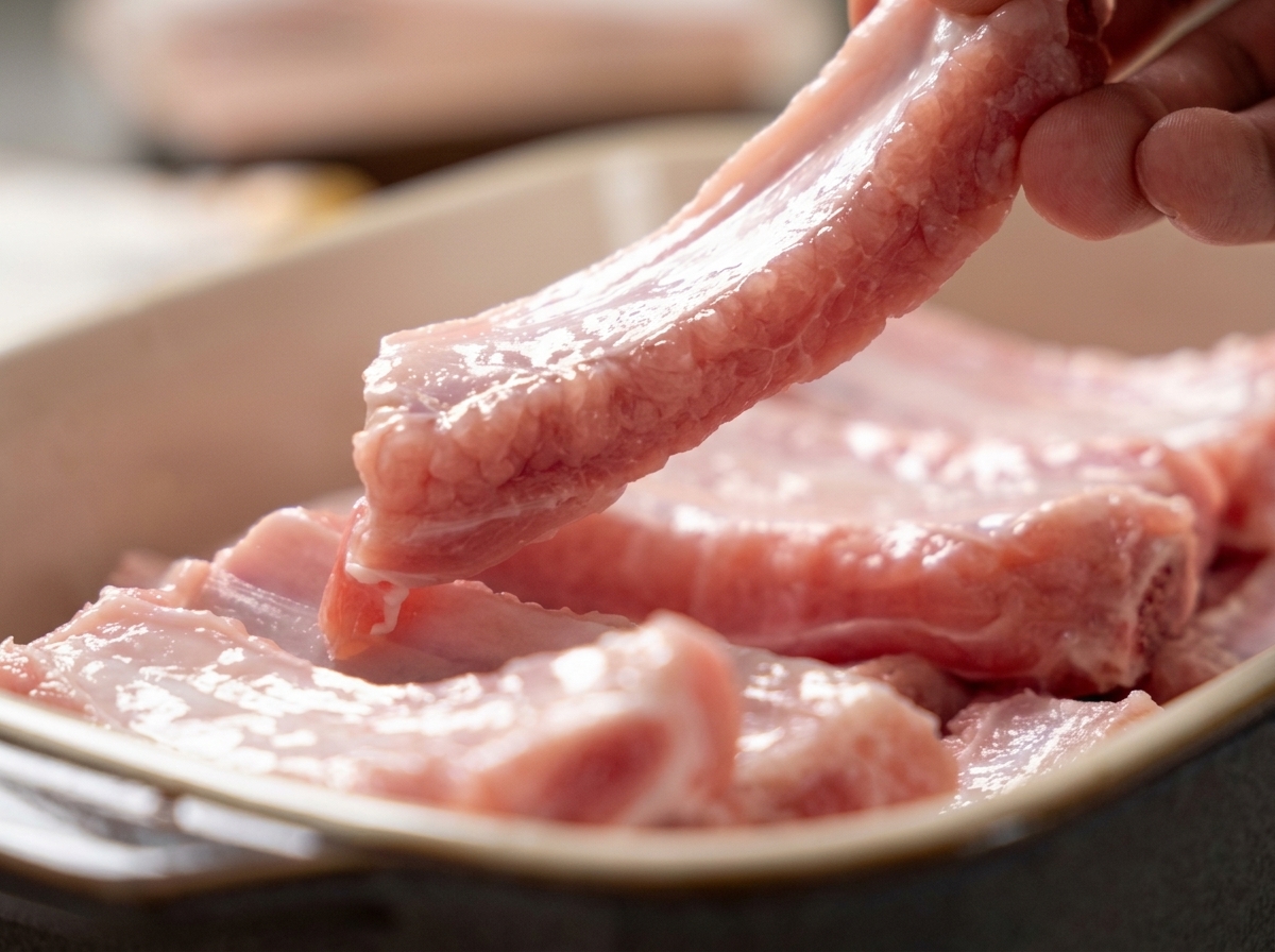 Raw pork ribs being patted dry with paper towels.
